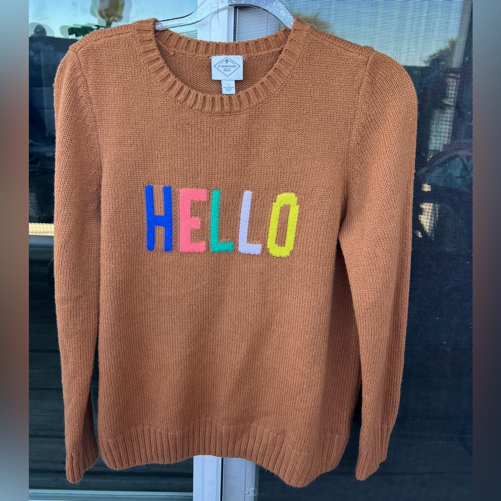 St. John's Bay Brown HELLO Sweater Women’s Large Acrylic Knit Pullover